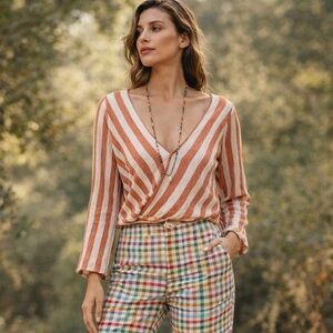 Sadie & Sage Peach White Stripe V-Neck Faux Wrap Crop Top Blouse